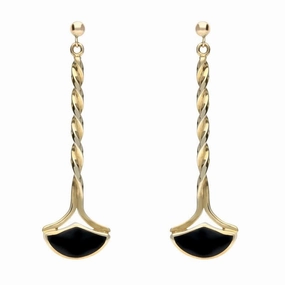 9ct Yellow Gold Whitby Jet Twisted Drop Earrings
