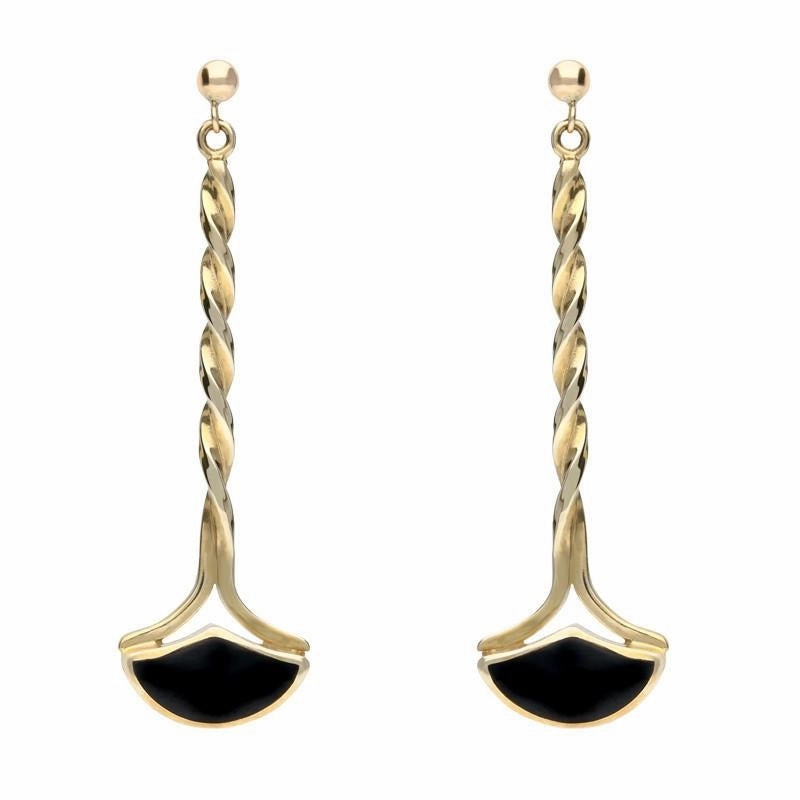 9ct Yellow Gold Whitby Jet Twisted Drop Earrings