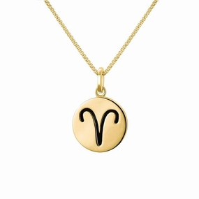 9ct Yellow Gold Whitby Jet Zodiac Aries Round Necklace