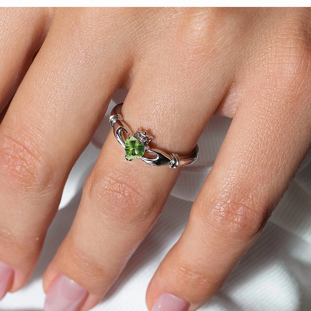 August Sterling Silver 925 Rhodium Plated CZ Center Birthstone Claddagh Ring - BGR01083AUG