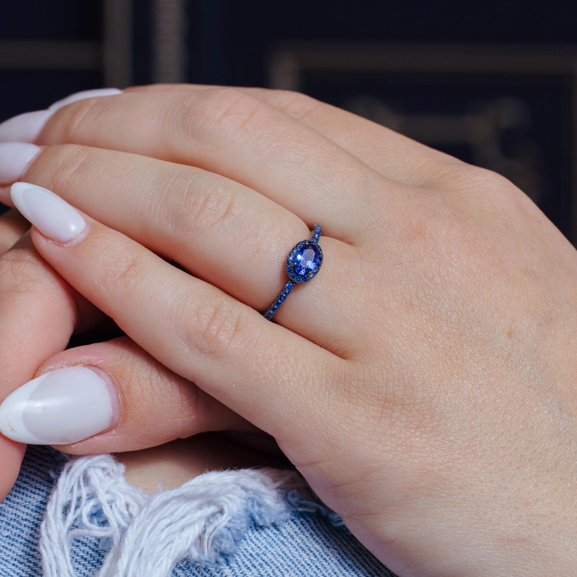 Black Rhodium Plated 925 Sterling Silver Blue Oval CZ Stone Ring - BGR01235