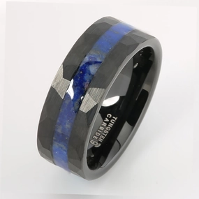 Black Tungsten Lapis Lazuli Inlaid Diamond Cut Flat Wedding Ring 8mm