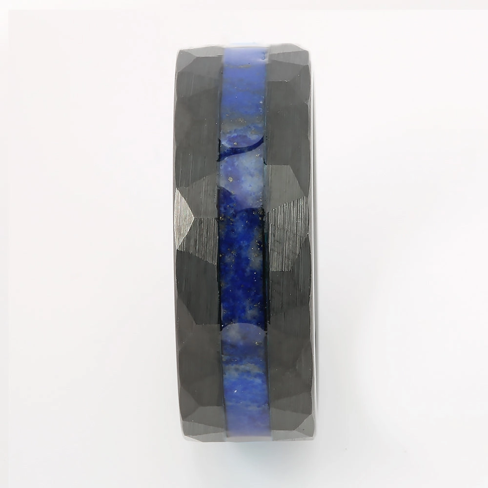 Black Tungsten Lapis Lazuli Inlaid Diamond Cut Flat Wedding Ring 8mm