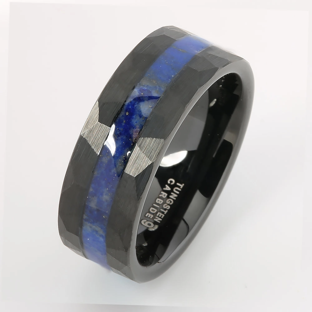 Black Tungsten Lapis Lazuli Inlaid Diamond Cut Flat Wedding Ring 8mm