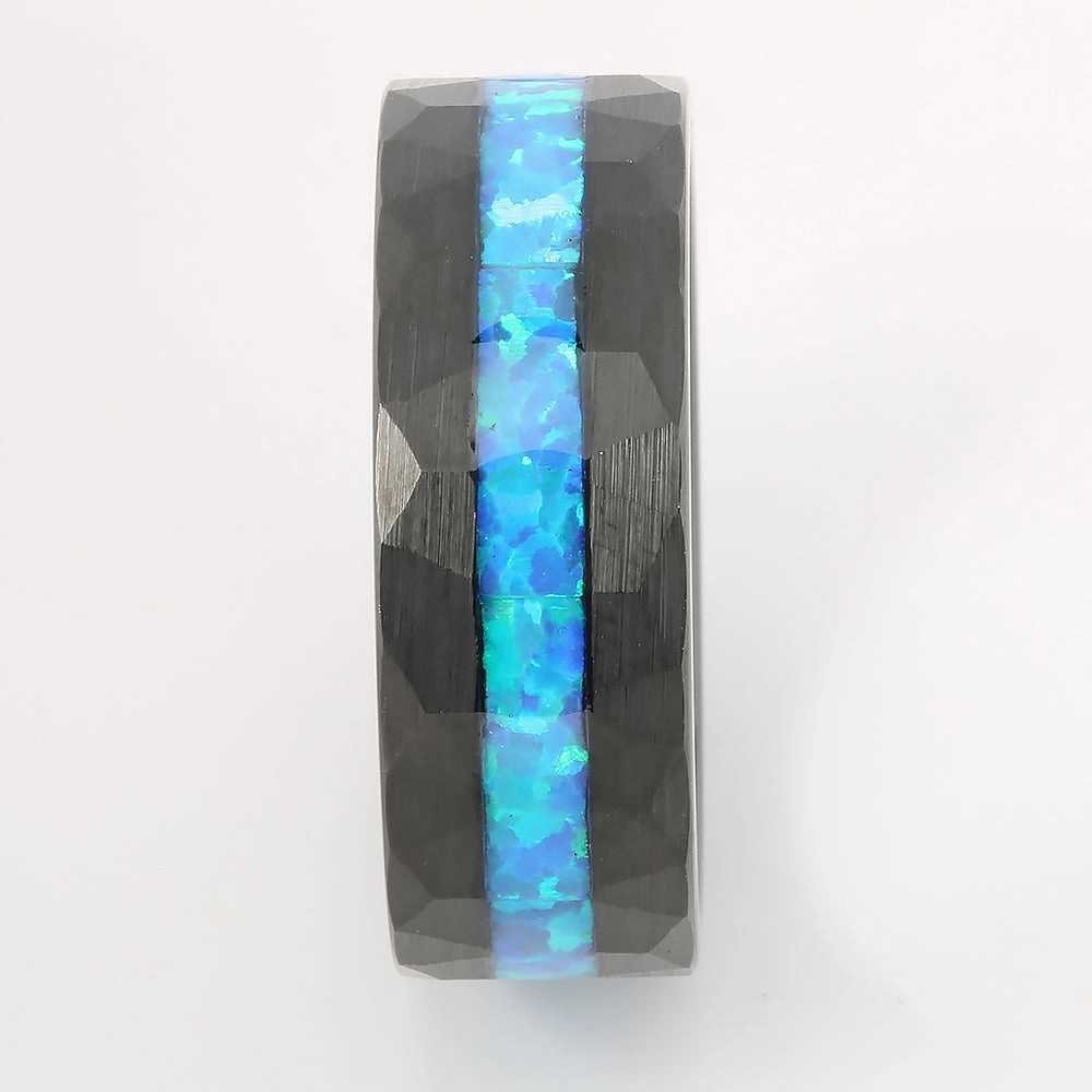 Black Tungsten Opal Inlaid Diamond Cut Flat Wedding Ring 8mm