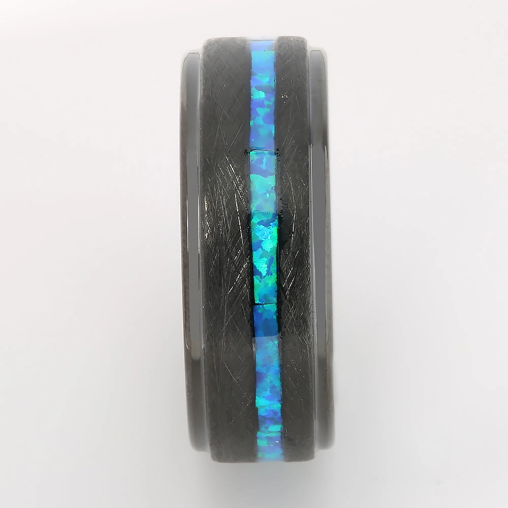 Black Tungsten Opal Inlaid Flat Brushed Wedding Ring 8mm