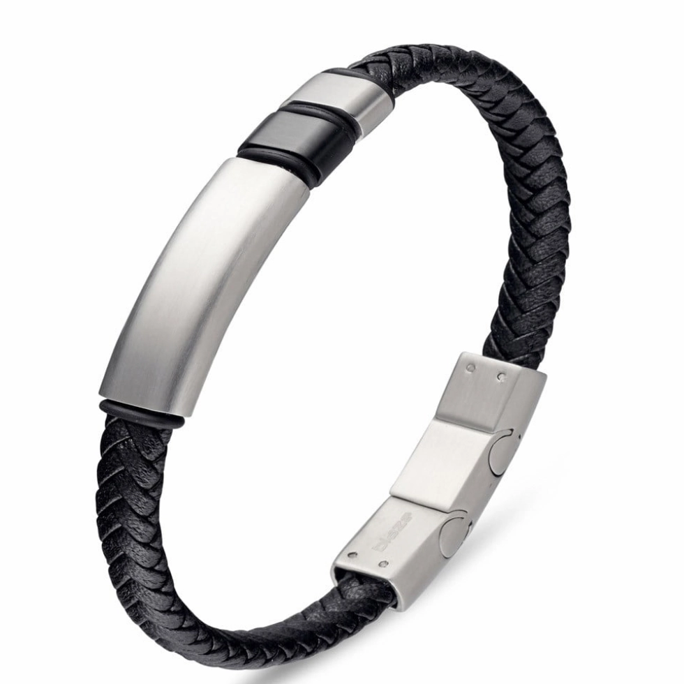 Bracelet - Blaze Stainless Steel Men's Black Leather Bangle with Steel Bar Details