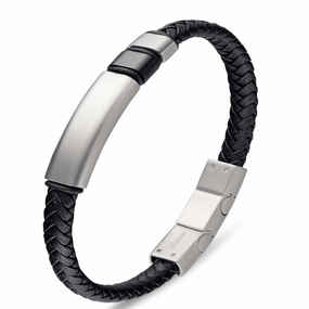 Bracelet - Blaze Stainless Steel Men's Black Leather Bangle with Steel Bar Details