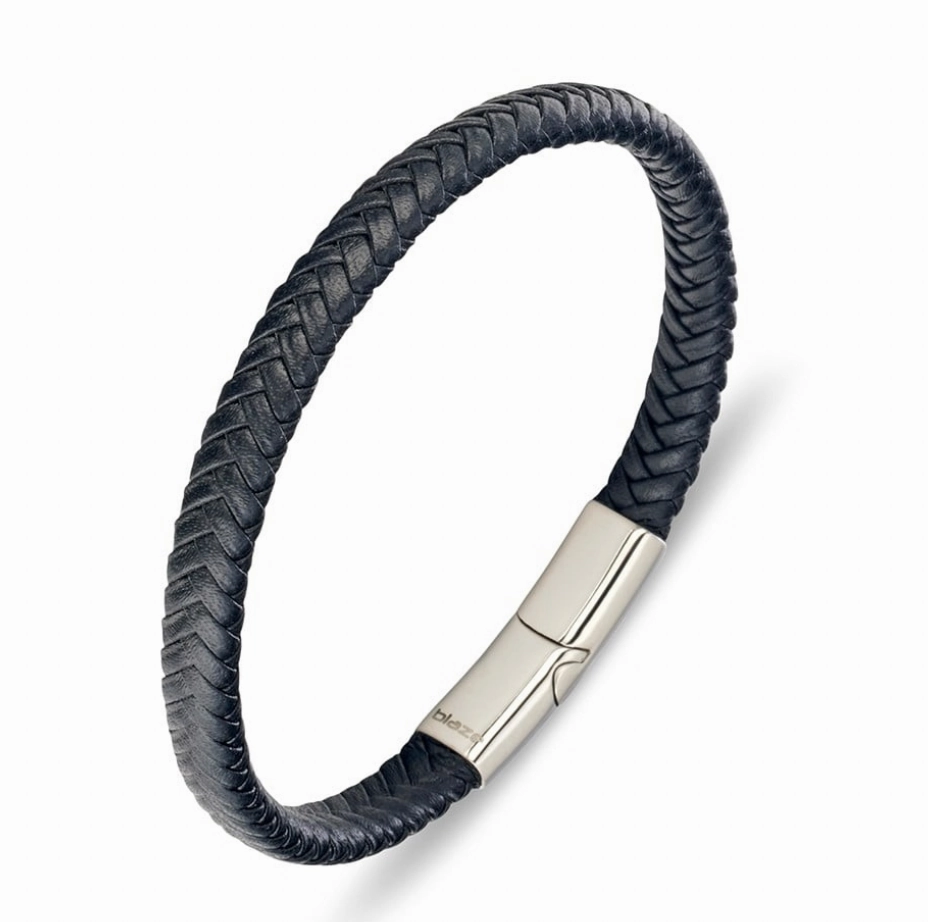Bracelet - Blaze Stainless Steel Men's Black Leather Braid Bangle