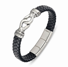 Bracelet - Blaze Stainless Steel Mens Black Leather Bangle with Steel Details