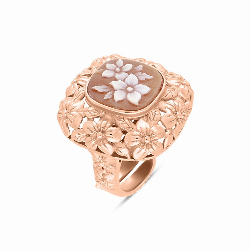 Cameo Italy Rose Gold Plated Sterling Silver Square Double Flower Ring D