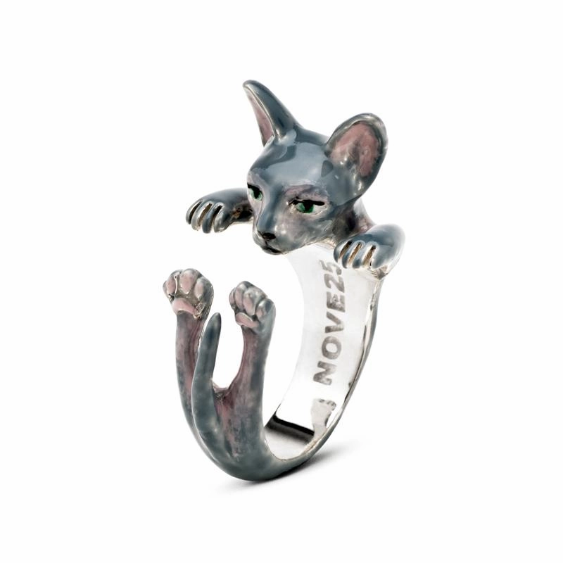 Cat Fever Sterling Silver Enamelled Grey Sphynx Hug Ring