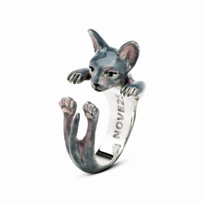 Cat Fever Sterling Silver Enamelled Grey Sphynx Hug Ring