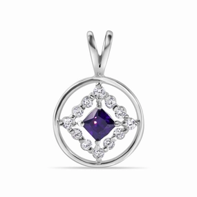 Clearance-Rhodium Plated 925 Sterling Silver Round Clear CZ and Square Purple Pendant - STP00907PR