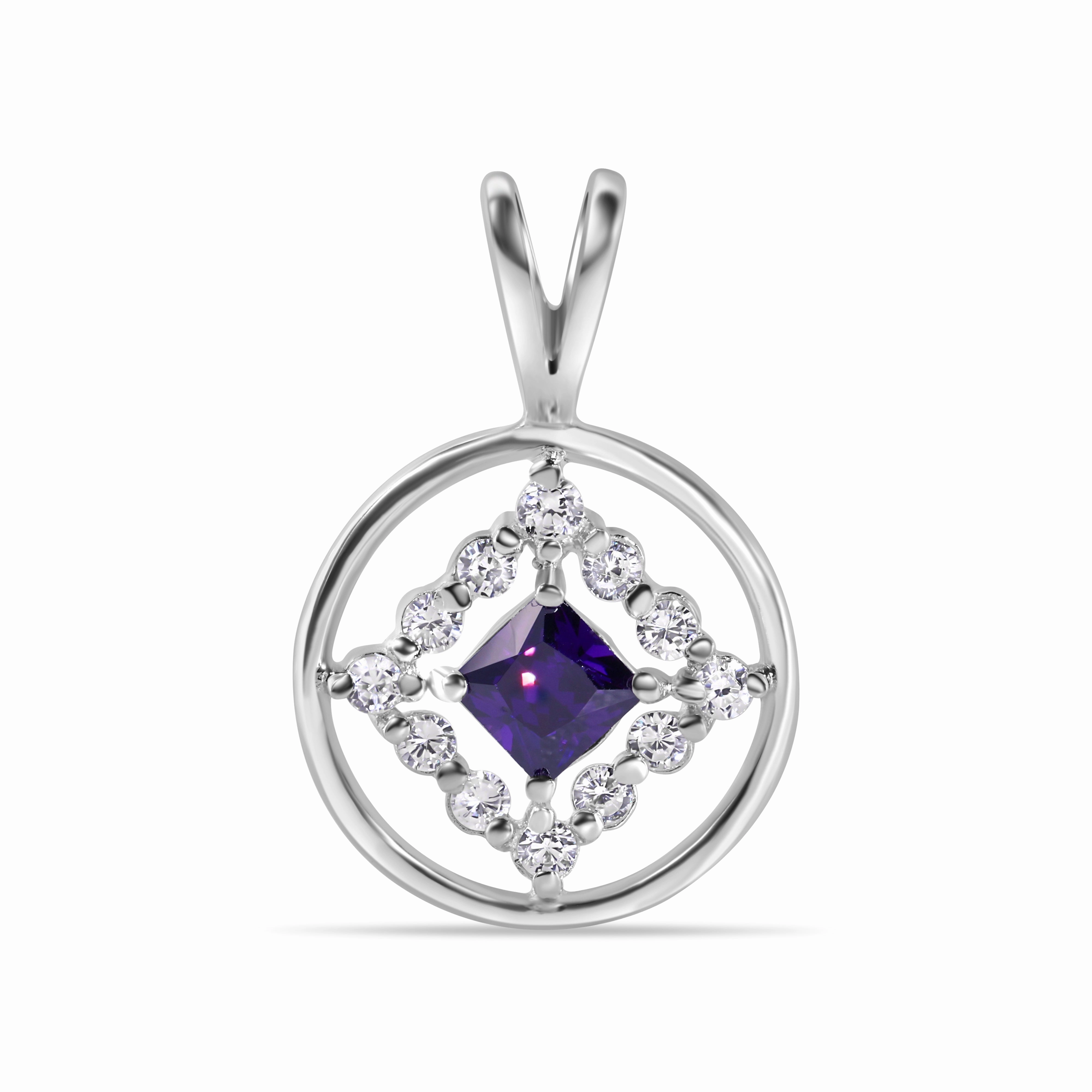 Clearance-Rhodium Plated 925 Sterling Silver Round Clear CZ and Square Purple Pendant - STP00907PR