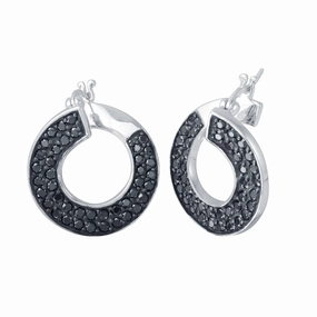 Clearance-Rhodium Plated 925 Sterling Silver Twirl Round Ramp Black CZ Hoop Earrings - STE00552