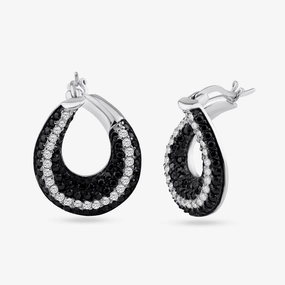 Clearance-Silver 925 Black and Silver Rhodium Plated Teardrop CZ Hoop Earrings - STE00556