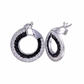 Clearance-Silver 925 Black and Silver Rhodium Plated Twirl Round Ramp CZ Hoop Earrings - STE00558