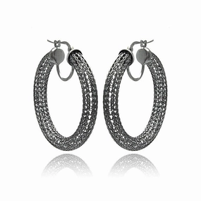 Clearance-Silver 925 Black Rhodium Mesh Plated Hoop Earrings - ITE00039BLK