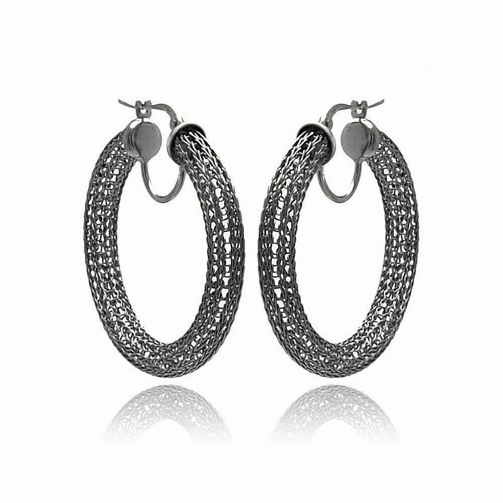 Clearance-Silver 925 Black Rhodium Mesh Plated Hoop Earrings - ITE00039BLK