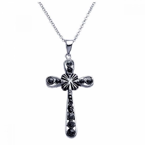 Clearance-Silver 925 Black Rhodium Plated Cross CZ Dangling Necklace - BGP00251