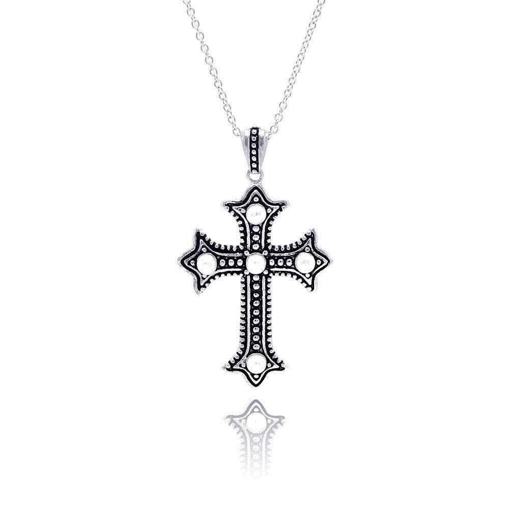 Clearance-Silver 925 Black Rhodium Plated Cross CZ Necklace - BGP00305