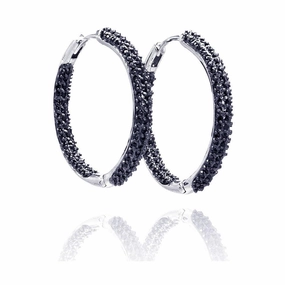 Clearance-Silver 925 Black Rhodium Plated CZ Hoop Earrings - BGE00078