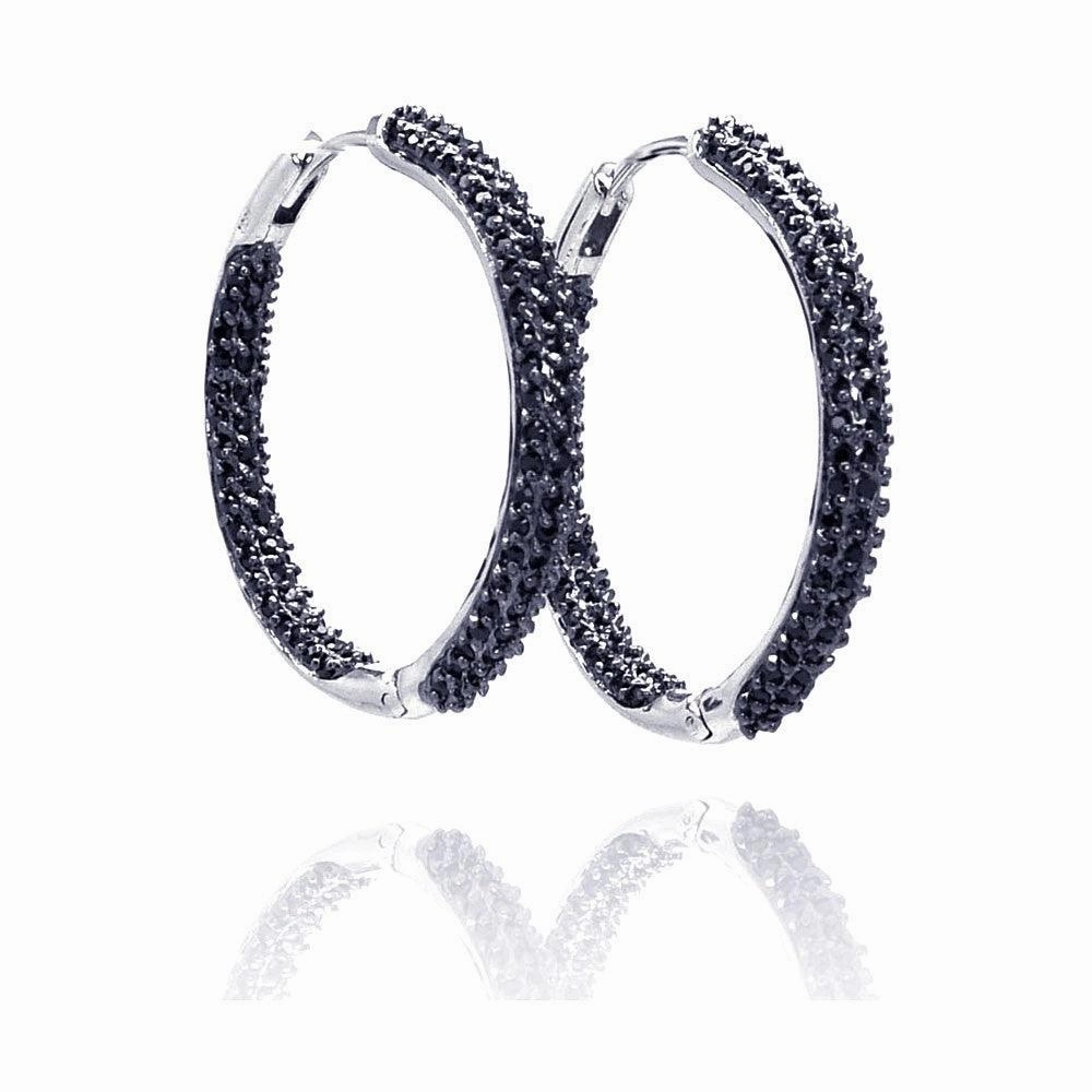 Clearance-Silver 925 Black Rhodium Plated CZ Hoop Earrings - BGE00078
