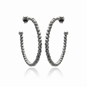 Clearance-Silver 925 Black Rhodium Plated Italian Fine Bead Hoop Earrings - ITE00037BLK