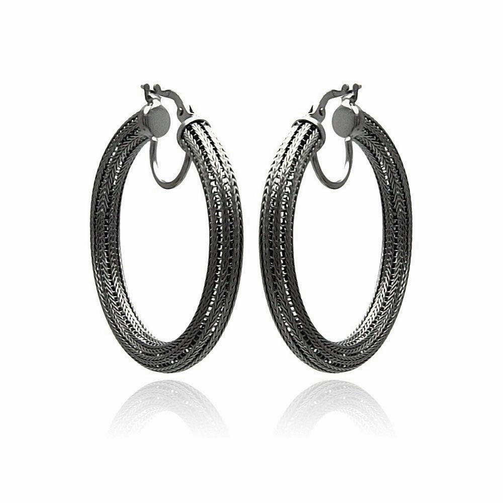 Clearance-Silver 925 Black Rhodium Plated Italian Hoop Earrings - ITE00033BLK