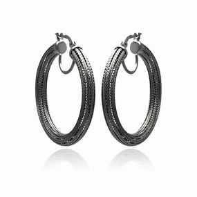 Clearance-Silver 925 Black Rhodium Plated Italian Hoop Earrings - ITE00033BLK