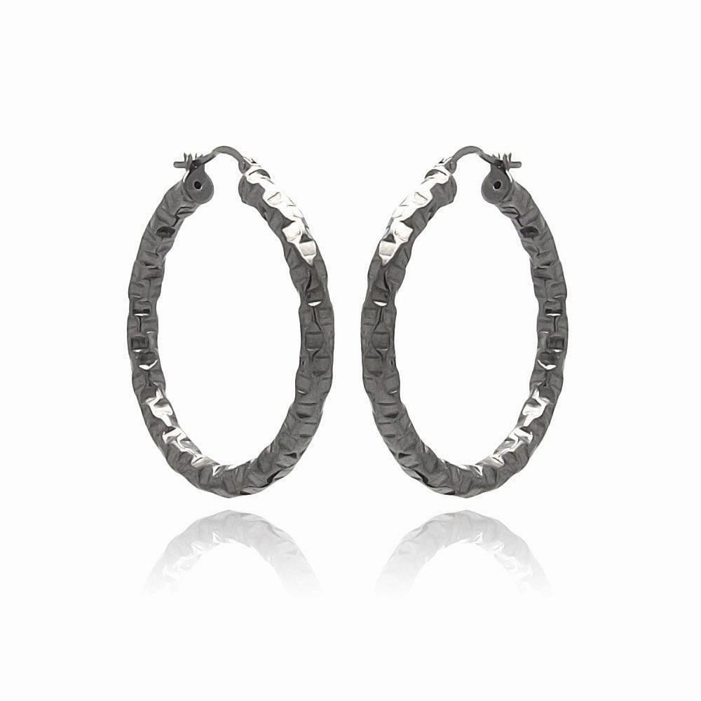 Clearance-Silver 925 Black Rhodium Plated Oval Hoop Earrings - ITE00023BLK