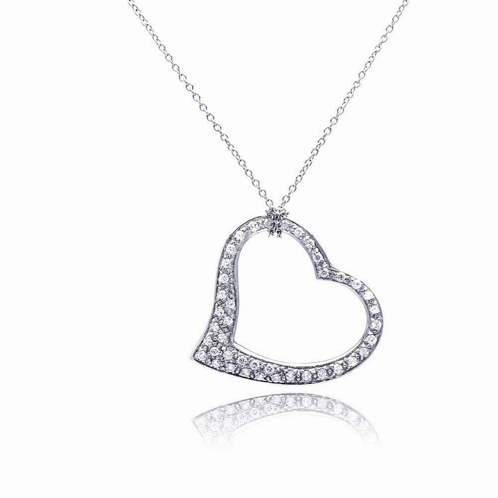 Clearance-Silver 925 Clear CZ Rhodium Plated Dangling Heart Pendant Necklace - STP00068