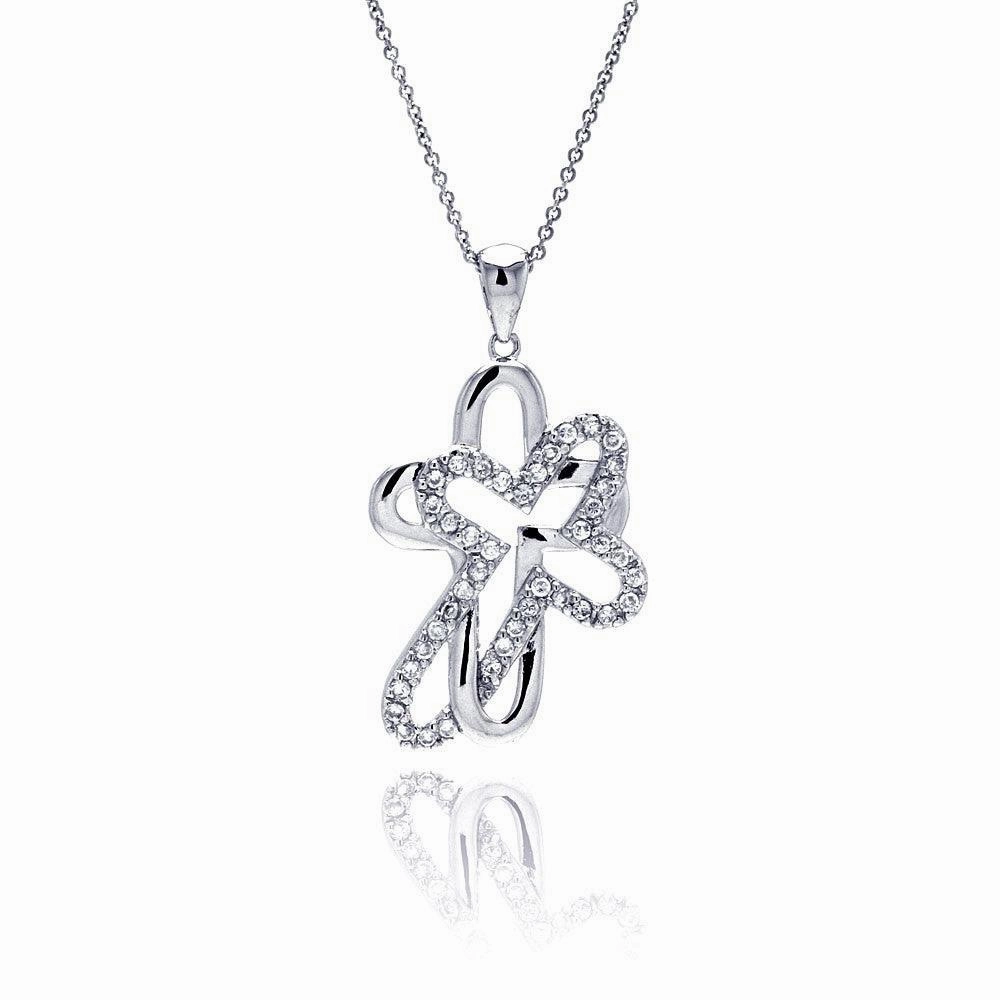 Clearance-Silver 925 Clear CZ Rhodium Plated Double Cross Pendant Necklace - STP00008