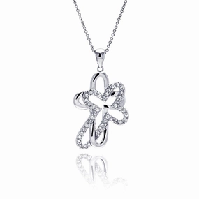 Clearance-Silver 925 Clear CZ Rhodium Plated Double Cross Pendant Necklace - STP00008