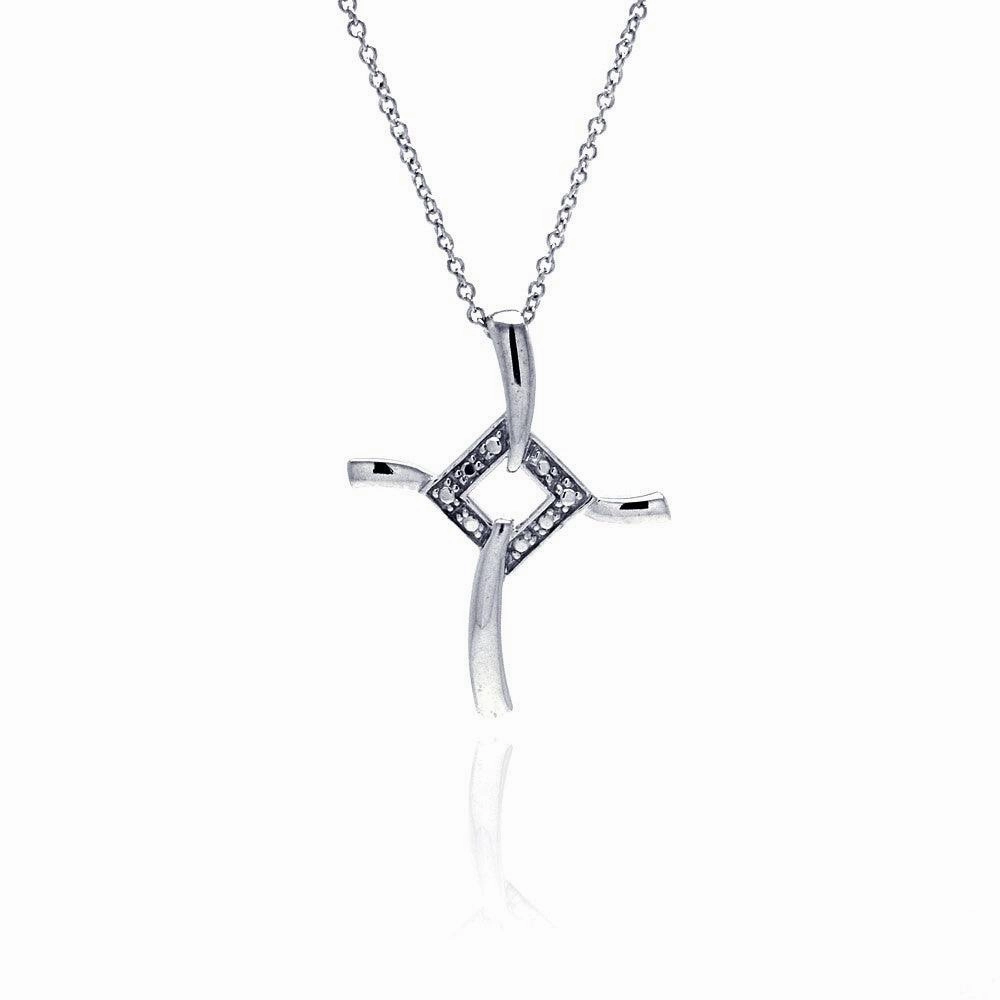 Clearance-Silver 925 Clear CZ Rhodium Plated Fancy Cross Pendant Necklace - STP00075RH
