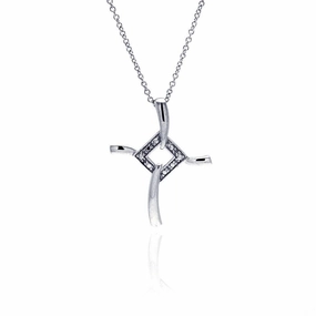 Clearance-Silver 925 Clear CZ Rhodium Plated Fancy Cross Pendant Necklace - STP00075RH