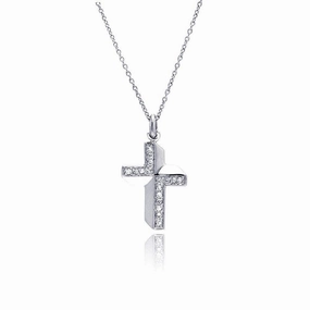 Clearance-Silver 925 Clear CZ Rhodium Plated Fancy Cross Pendant Necklace - STP00132