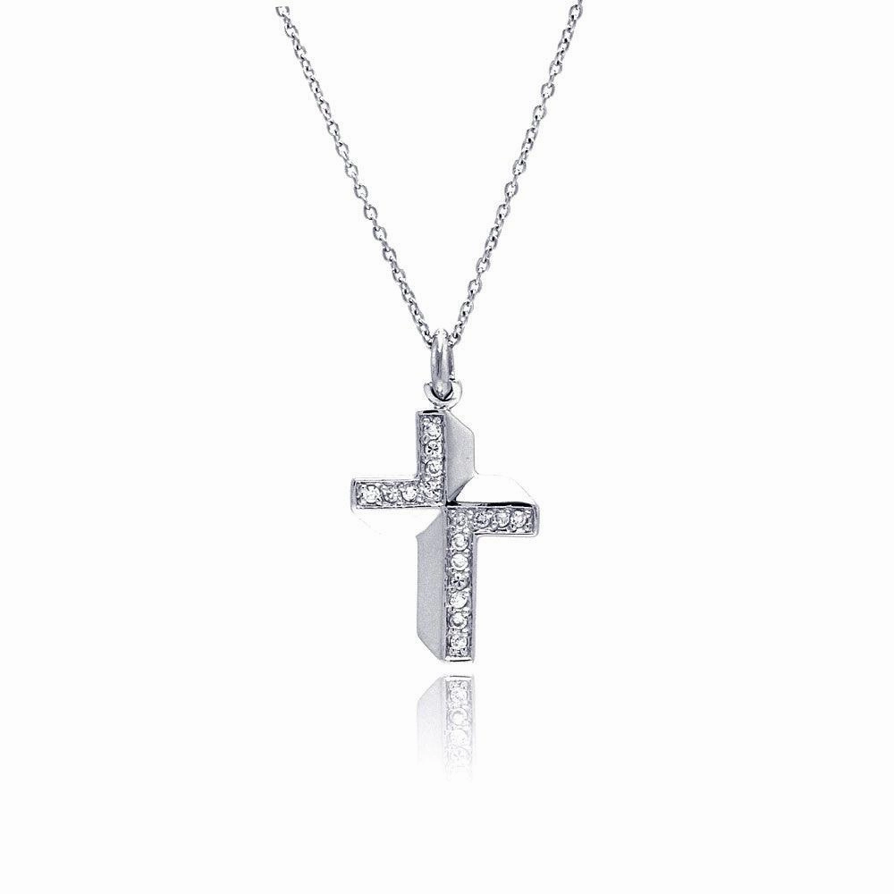Clearance-Silver 925 Clear CZ Rhodium Plated Fancy Cross Pendant Necklace - STP00132