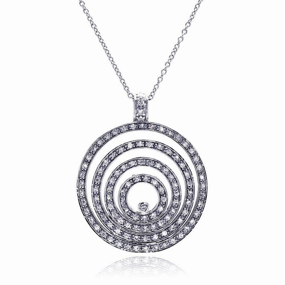 Clearance-Silver 925 Clear CZ Rhodium Plated Multi Circle Pendant Necklace - STP00053