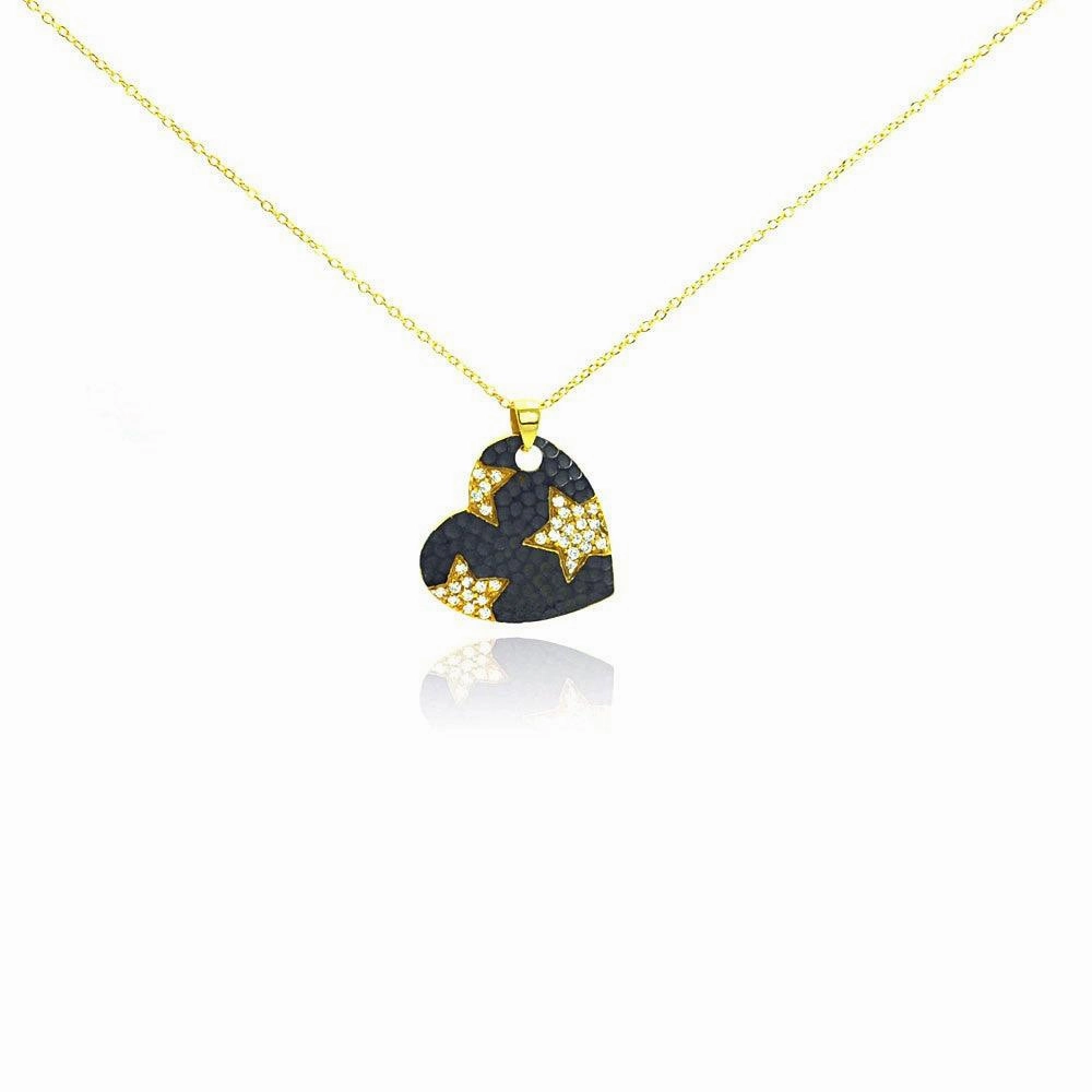 Clearance-Silver 925 Gold Plated and Matte Black Rhodium Finish Clear CZ Star Heart Pendant Necklace - STP00987