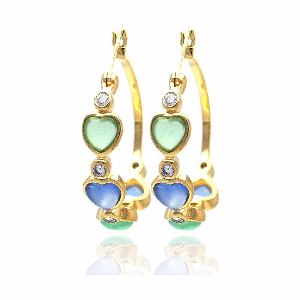 Clearance-Silver 925 Gold Rhodium Plated Round Heart Multicolor CZ Hoop Earrings - STE00707