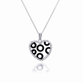 Clearance-Silver 925 Rhodium and Black Rhodium Plated Clear and Black CZ Heart Circles Pendant Necklace - STP00820