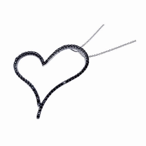 Clearance-Silver 925 Rhodium Plated Black CZ Heart Pendant Necklace - STP00875BLK