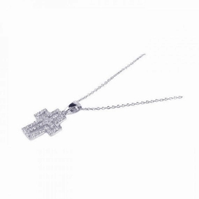 Clearance-Silver 925 Rhodium Plated Clear CZ Cross Pendant Necklace - STP00739
