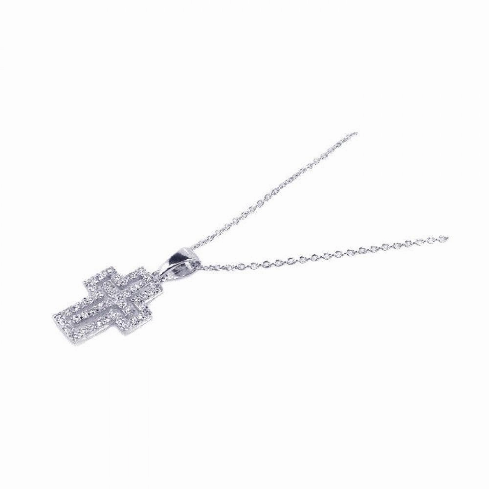 Clearance-Silver 925 Rhodium Plated Clear CZ Cross Pendant Necklace - STP00739