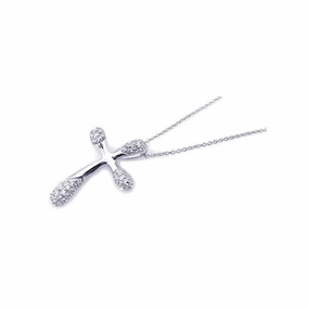Clearance-Silver 925 Rhodium Plated Clear CZ Cross Pendant Necklace - STP00826