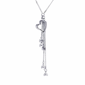 Clearance-Silver 925 Rhodium Plated Clear CZ Heart Dangling Pendant Necklace - STP00616