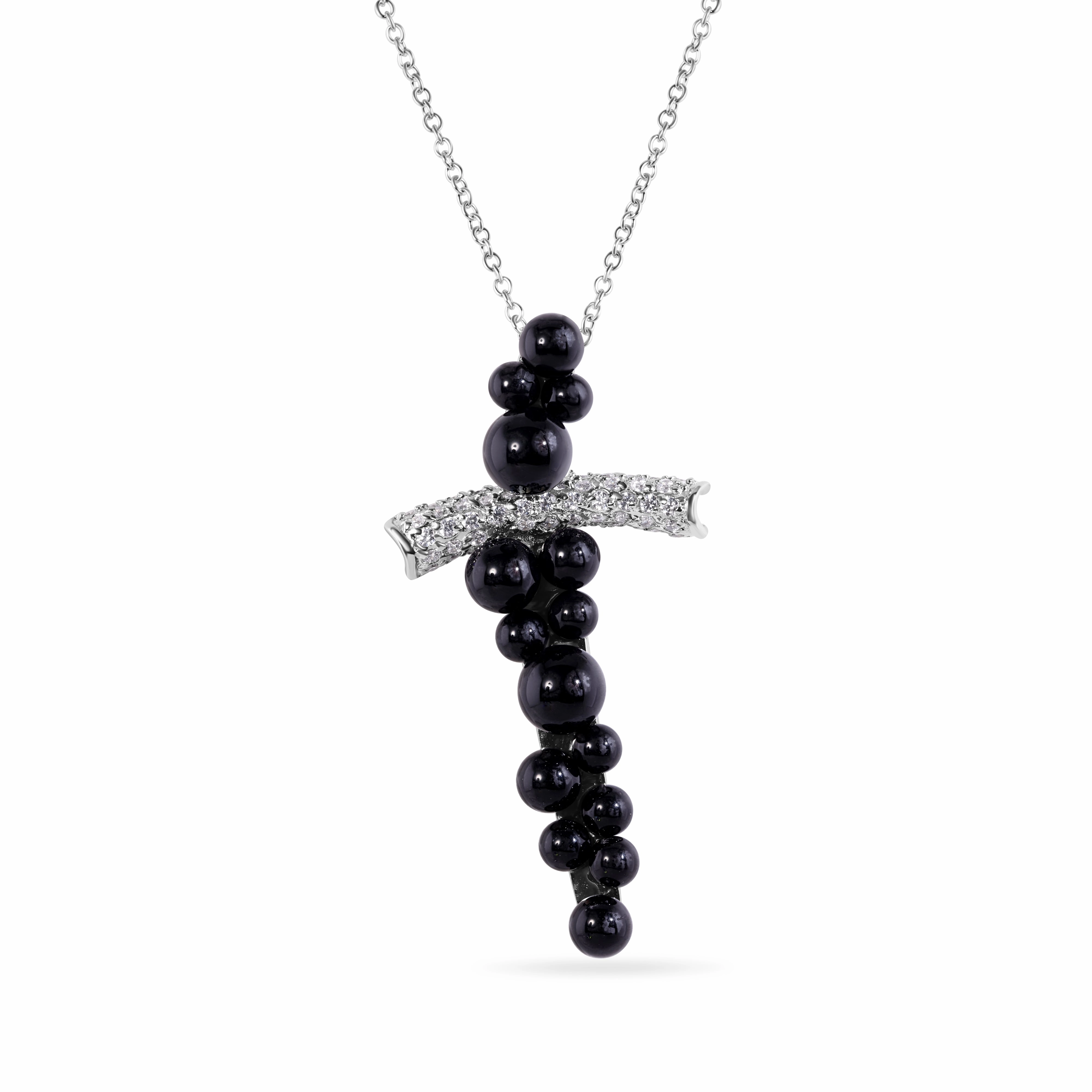 Clearance-Silver 925 Rhodium Plated Cross CZ Graduate Ball Black Onyx Necklace - BGP00170