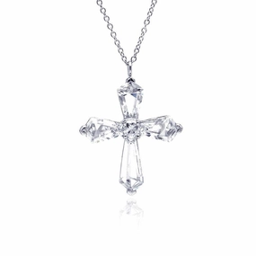 Clearance-Silver 925 Rhodium Plated Cross CZ Necklace - BGP00297